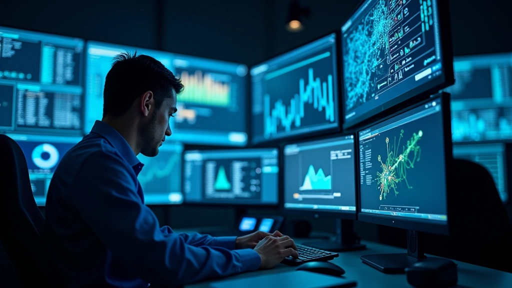 Kontrol merkezi içinde, ekranlarda gerçek zamanlı enerji tüketim grafikleri ve şehir haritası, operatör çalışıyor