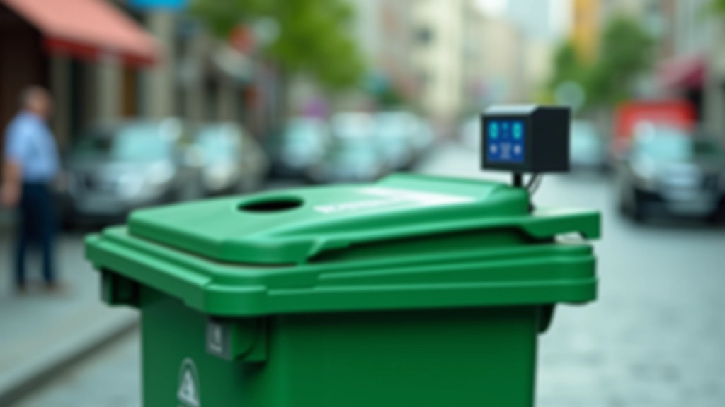 Yeşil konteynerin üzerine monte edilmiş IoT sensörü, LCD ekran gösteriyor, Ankara sokağı arka planda