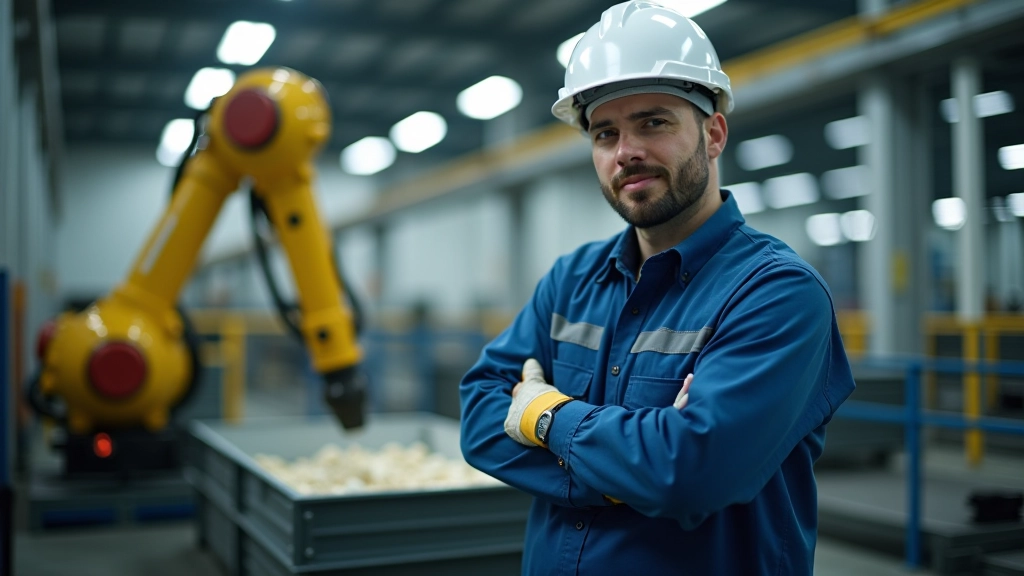 İşçi güvenlik ekipmanıyla atık sınıflandırma tesisinde çalışıyor, robotik kolun yanında pozisyon almış